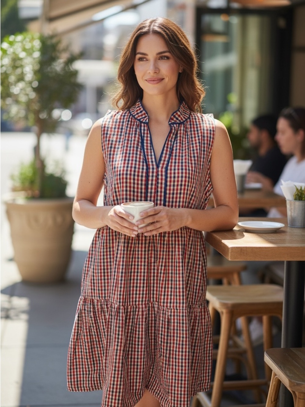 Duffield Lane Red Blue Gingham Tiered Swing Dress Medium